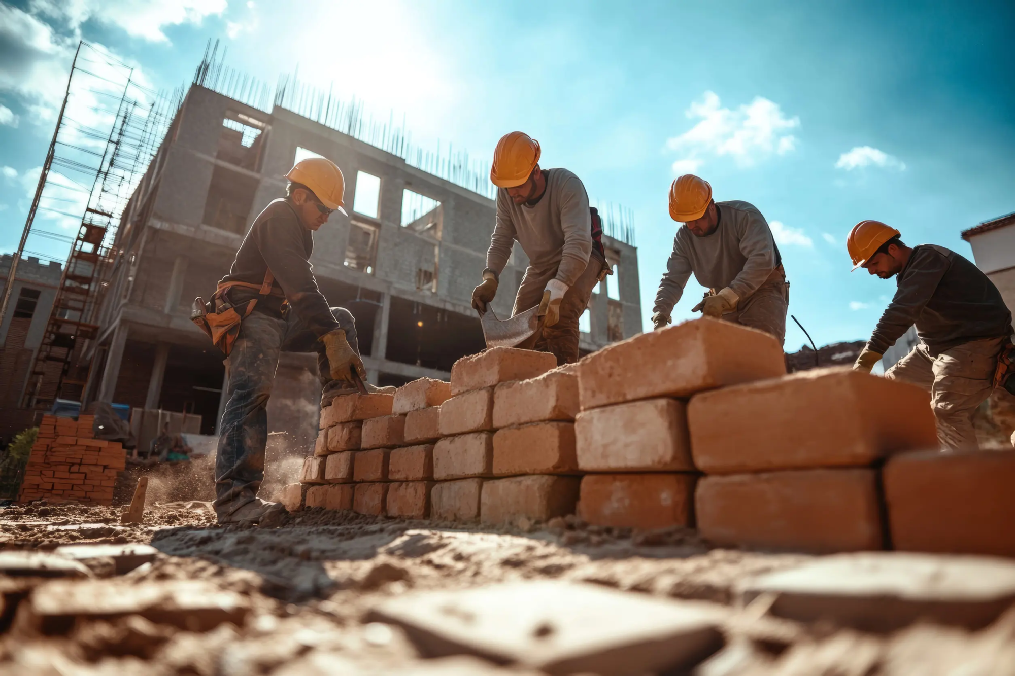 3 construction workers with yellow hard hats laying bricks. shot from a low angle with a focus on the bricks facing upwards towards the sky