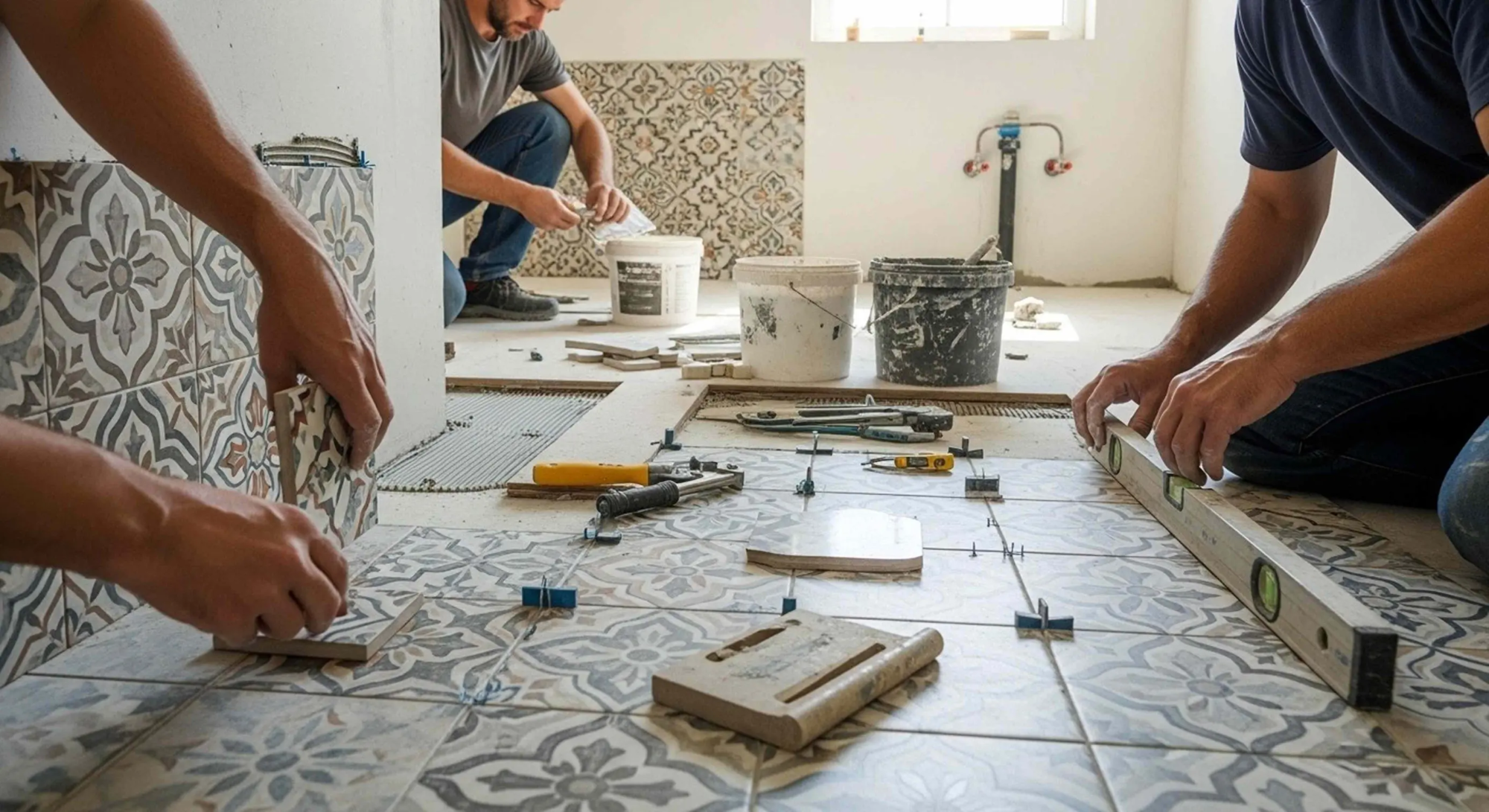 Three construction workers installing patterned tiles on a floor with various tools and equipment scattered around them in a room with white walls.