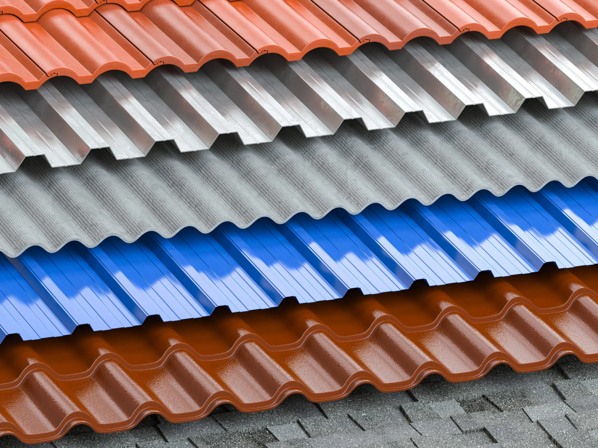 Different types of roof coating. Background from layers of sheet metal profiles, ceramic tiles, asphalt roofing shingles and gypsum slate. 3d illustration