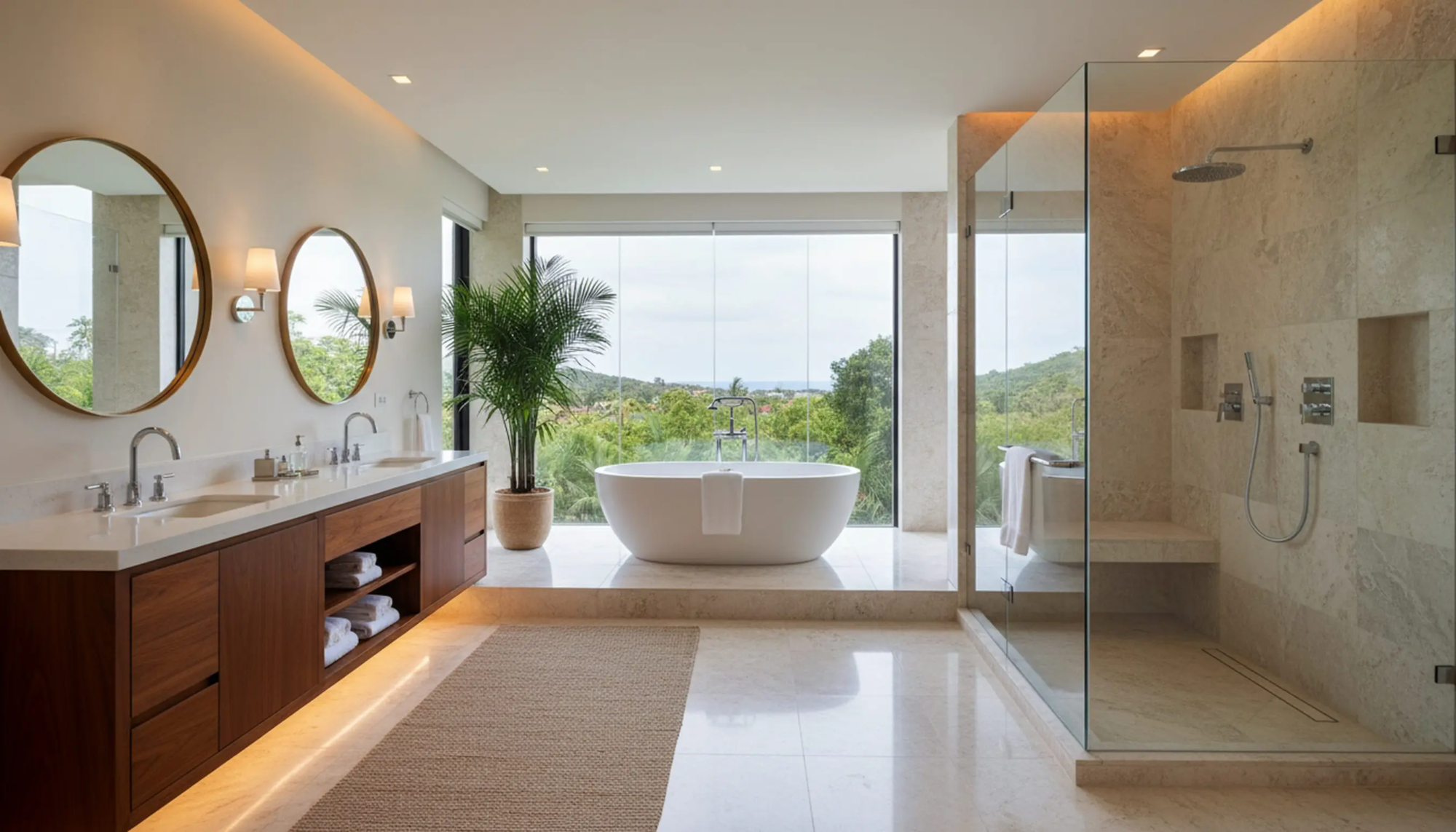 A luxury bathroom with a view and two basins , bath and large shower