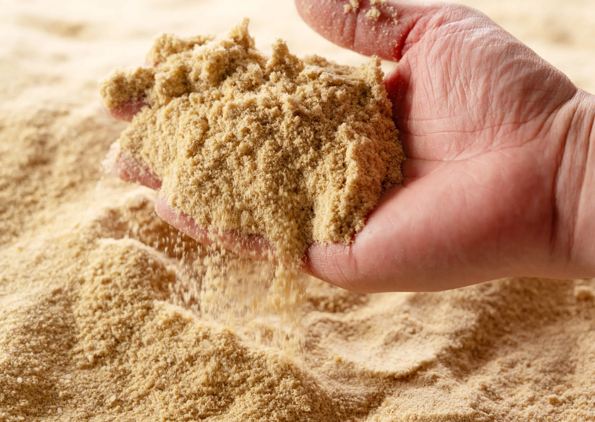 A close up shot of a hand, golding a heap of plaster sand